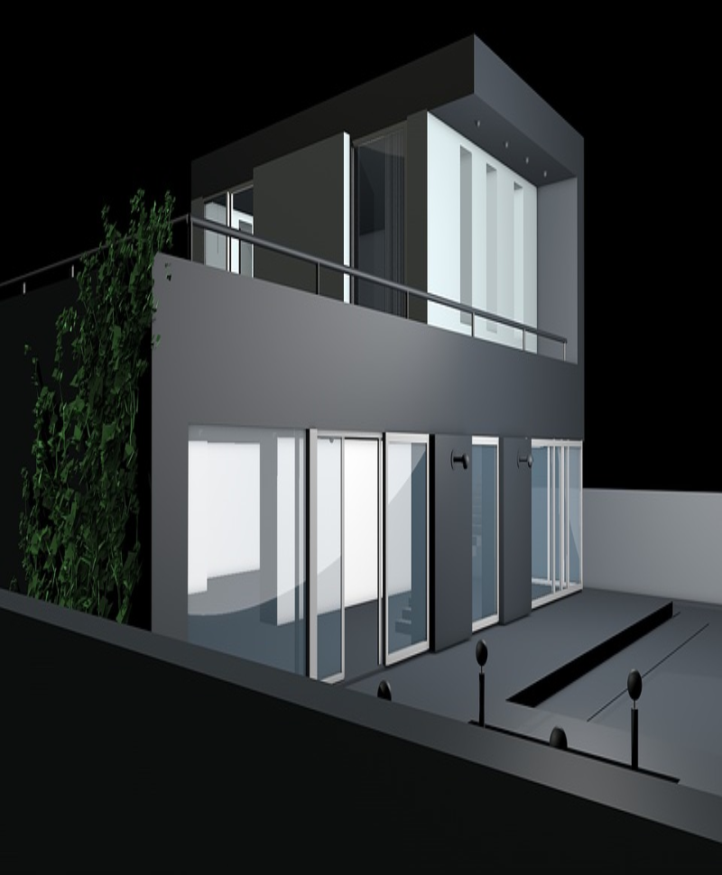 Una casa moderna de color gris, con el fondo negro